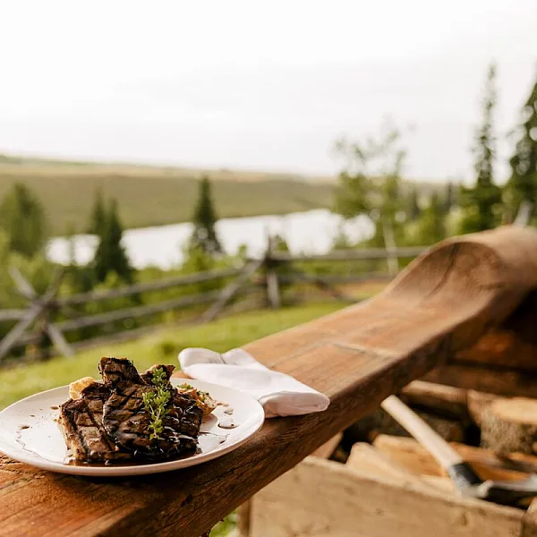 A plate of food sits on a wooden railing looking out over a lake.