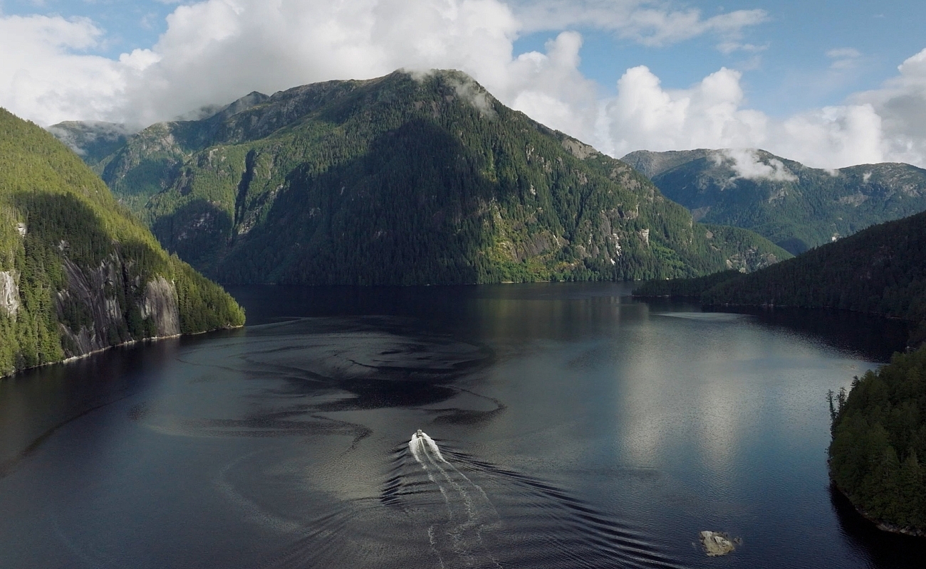 An aerial shot of the YuWala Marine Charters boat on a tour through the fjords of Bella Bella.