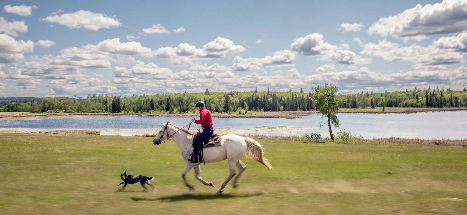 Un vaquero montando a caballo junto a un perro y al lado del lago en el Flying U Ranch, el rancho turístico más antiguo de Canadá, situado en 70 Mile House.