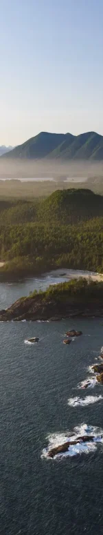Aerial of the coastline of Pacific Rim National Park, near Tofino