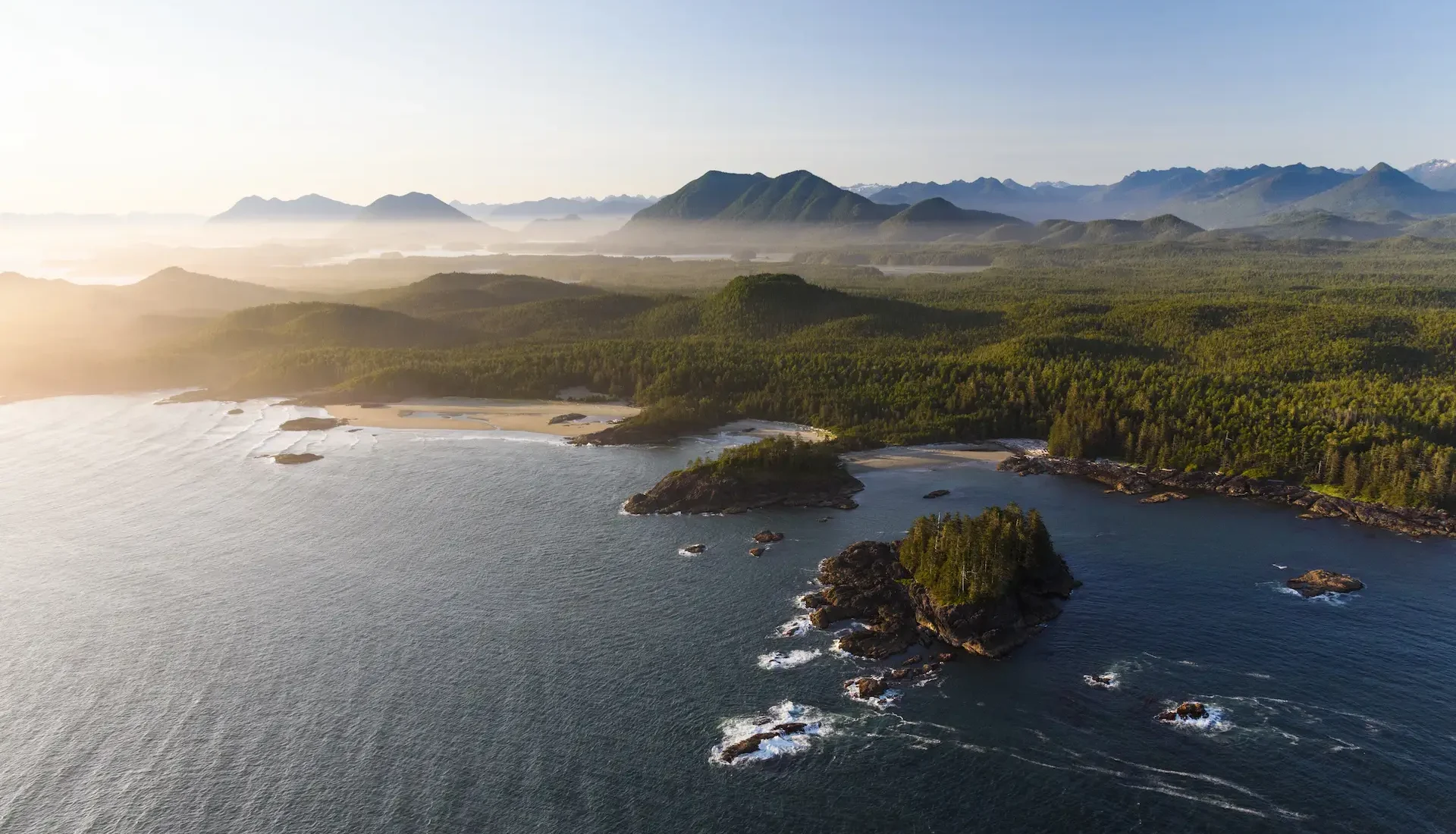Aerial of the coastline of Pacific Rim National Park, near Tofino