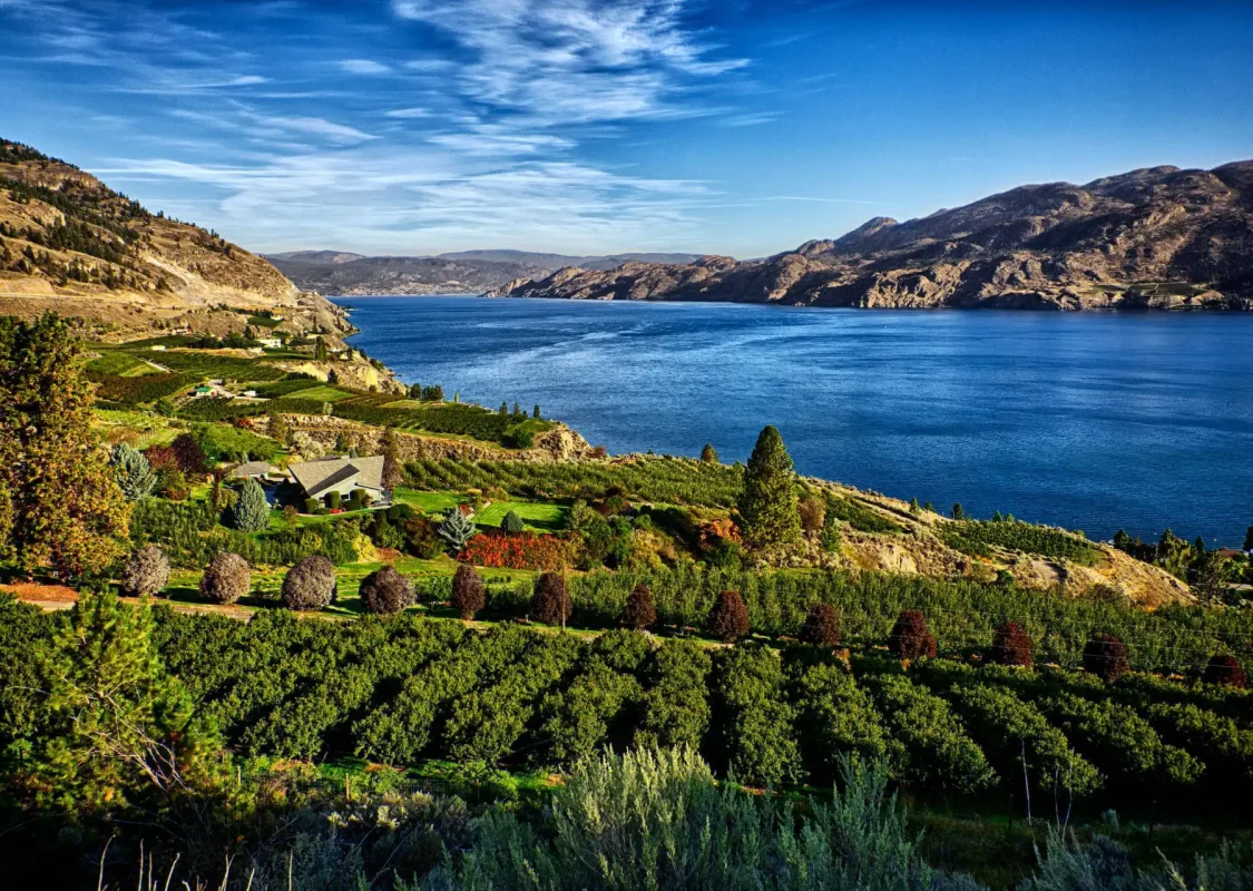 Una vista del lago Okanagan desde un viñedo en Summerland.
