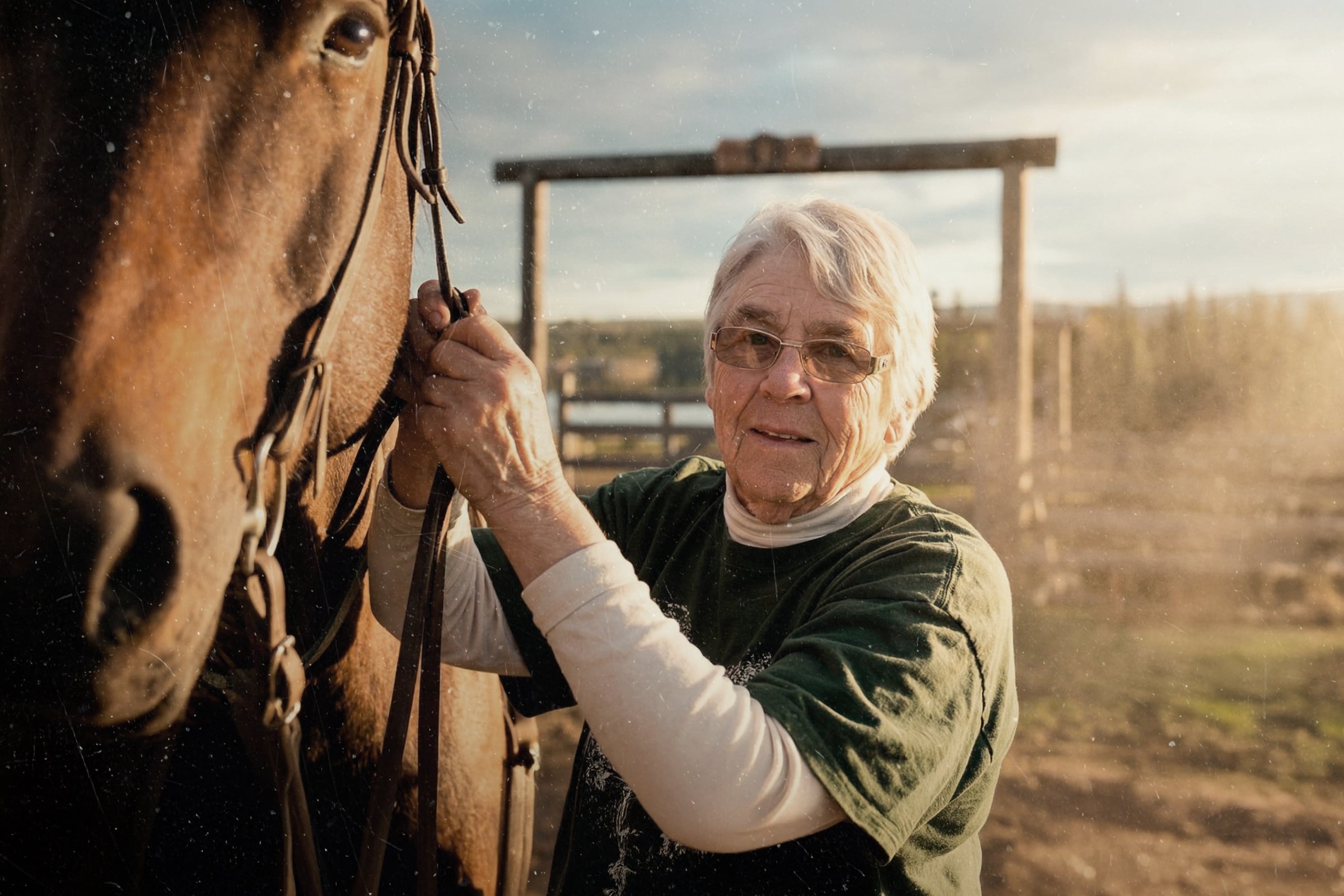 una persona de pie junto a un caballo, sujetándole las riendas