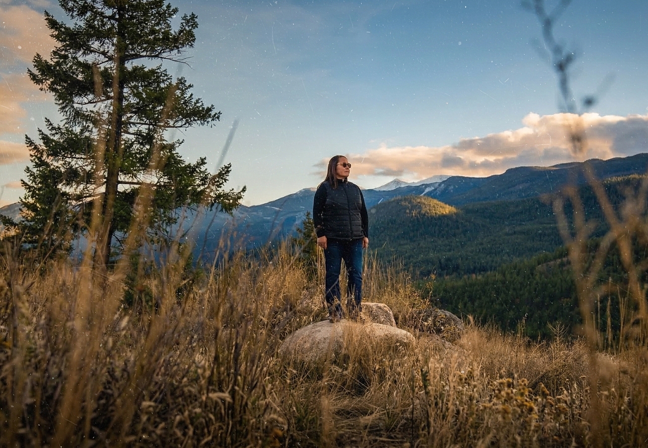 person standing outside with mountains in the background