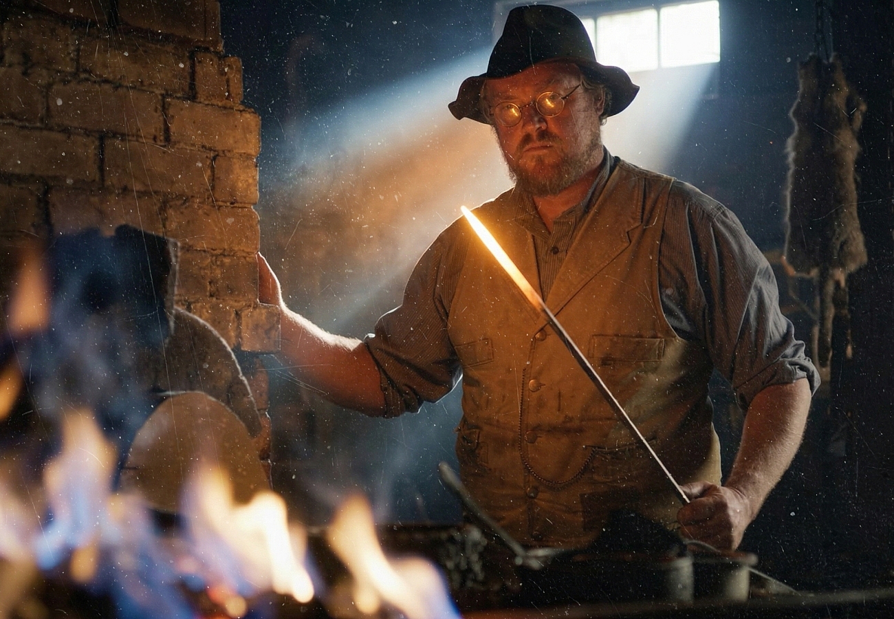 person holding a torch in a welding shop