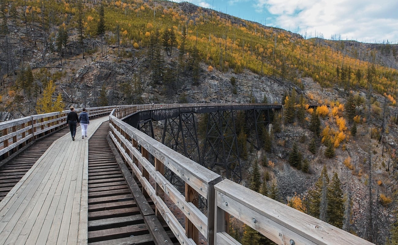 Two people walking across one of the trestle bridges along the Myra Canyon portion of the Kettle Valley Rail Trail on the outskirts of Kelowna