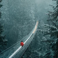 Person walking across Capilano Suspension Bridge in the snow. At Capilano Suspension Bridge Park.