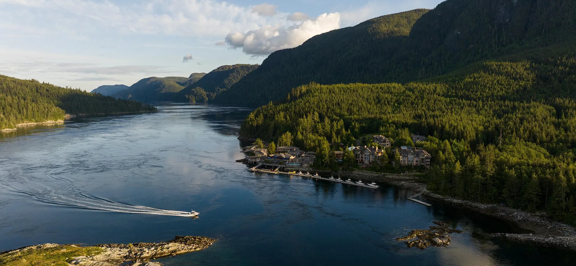 Aerial view of the coastal landscape and waterways surrounding Sonora Resort on Sonora Island.