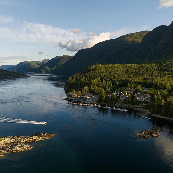 Aerial view of the coastal landscape and waterways surrounding Sonora Resort on Sonora Island.