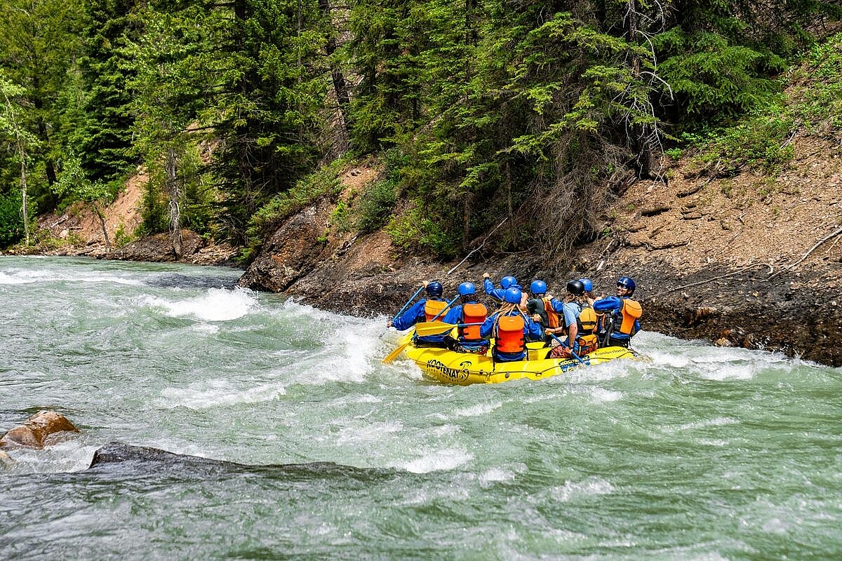 A group rafting on Toby Creek near Invermere with Kootenay River Runners.