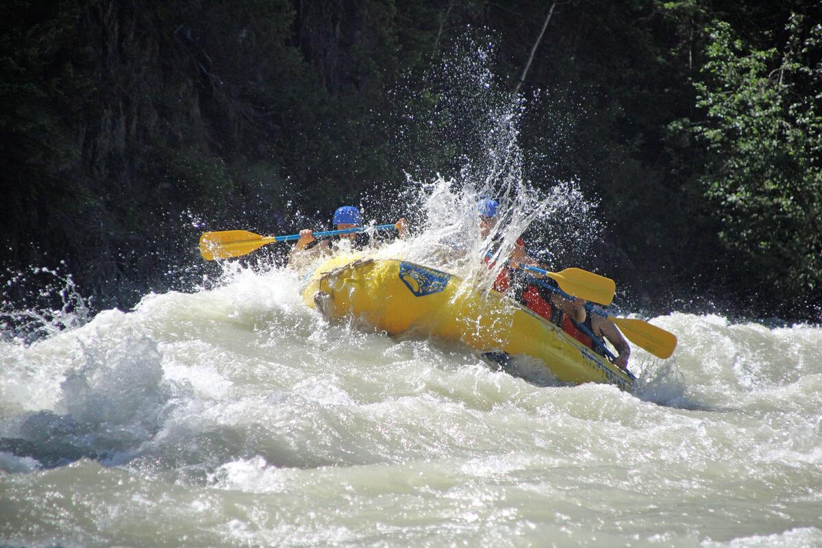 A group rafting on Toby Creek near Invermere with Kootenay River Runners.