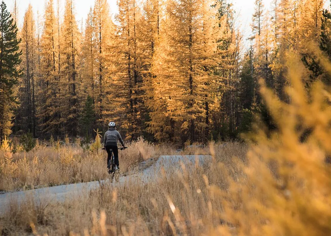 A cyclist on the North Star Rails To Trails near Kimberley, BC