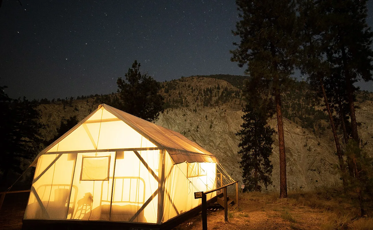 Kumsheen Rafting Resort Glamping Tents at Night