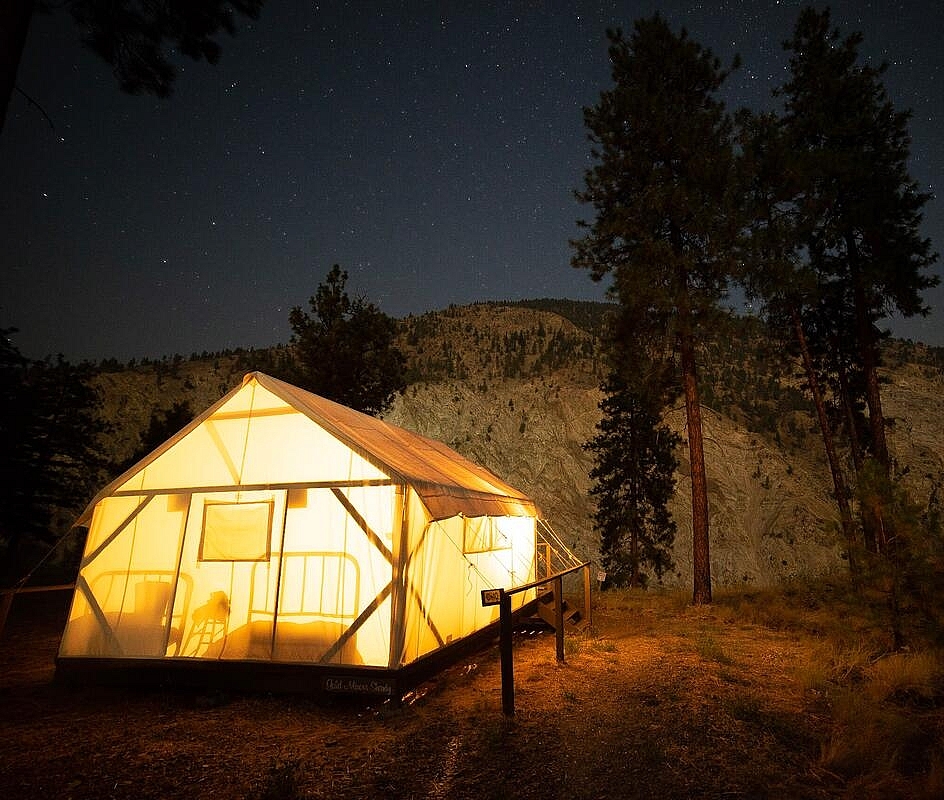 Kumsheen Rafting Resort Glamping Tents at Night