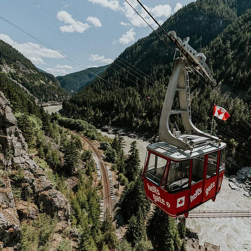 The Hell's Gate Airtram travelling up the canyon above the Fraser River