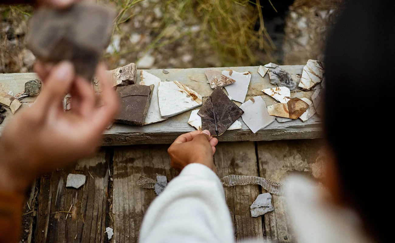 Two friends examining 50 million year old fossils at McAbee Fossil Beds near Cache Creek.